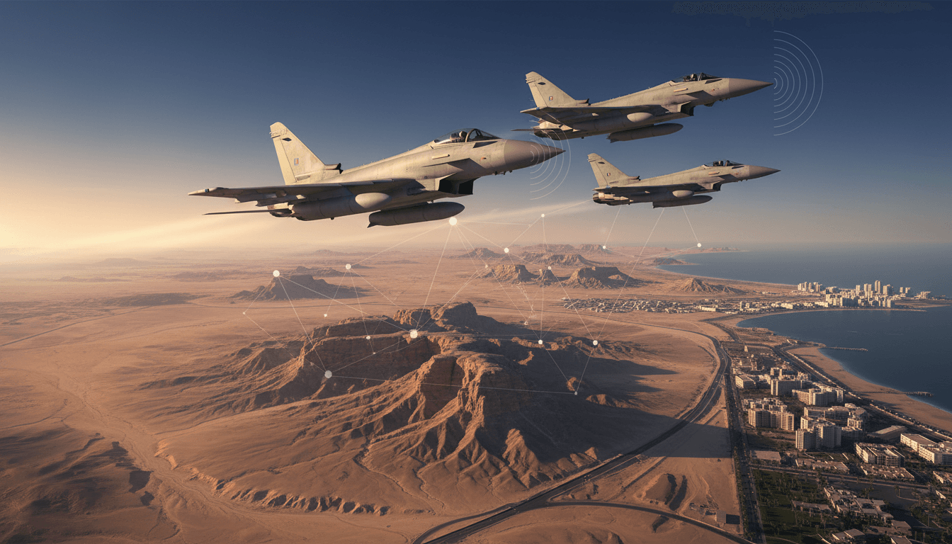 RAF Typhoon jets flying over Saudi Arabia, highlighting the UK's military support in response to Houthi threats.