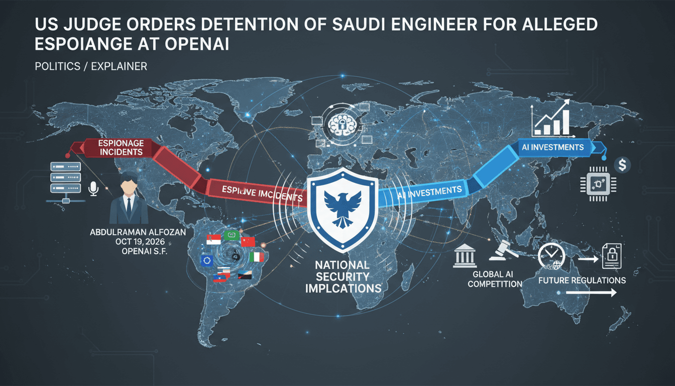 Infographic showing the implications of the Saudi engineer's arrest on AI security and investments.