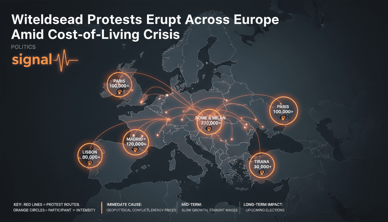 A large crowd protesting in a European city, showcasing signs about cost of living and public services.