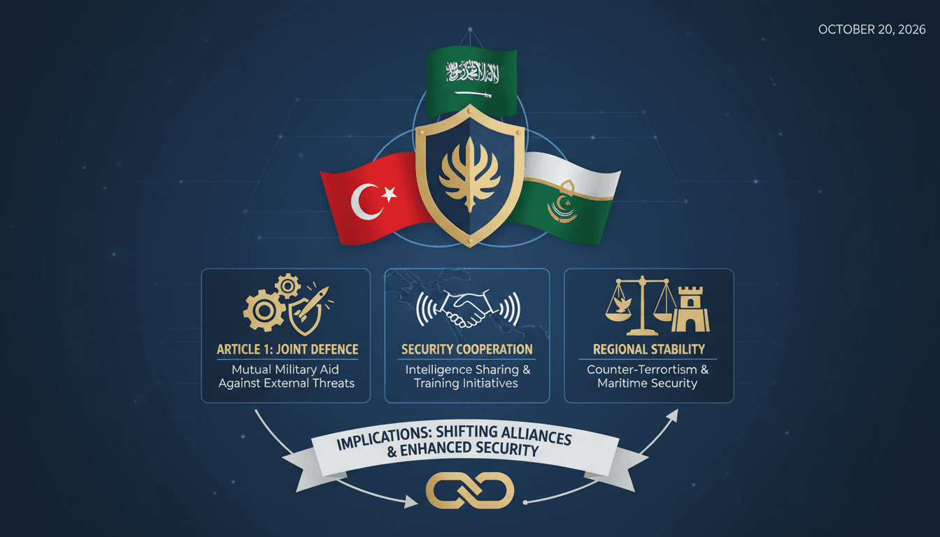 Infographic detailing Turkey's Mecca Joint Defence Agreement with Saudi Arabia and Pakistan, highlighting key articles and regional security implications.