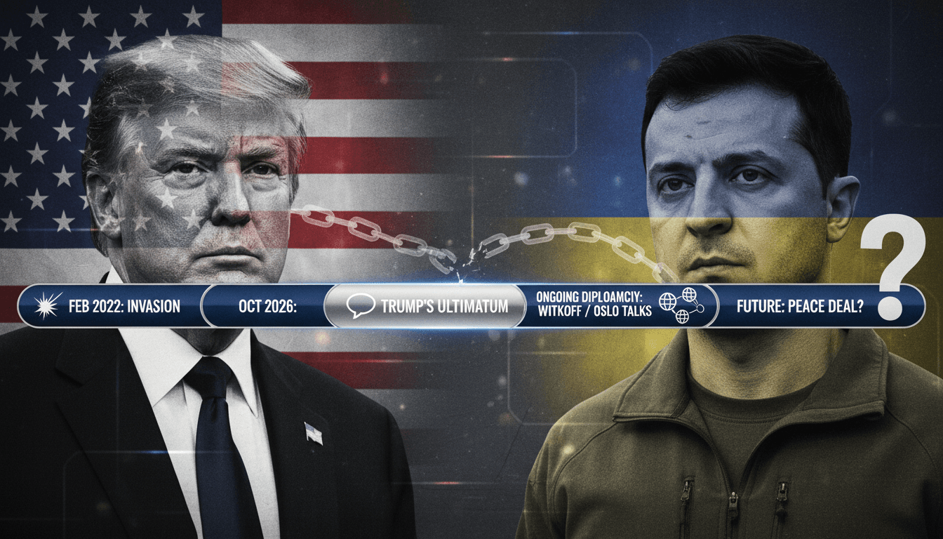 Trump and Zelensky discussing peace negotiations with a timeline of the Russia-Ukraine conflict.