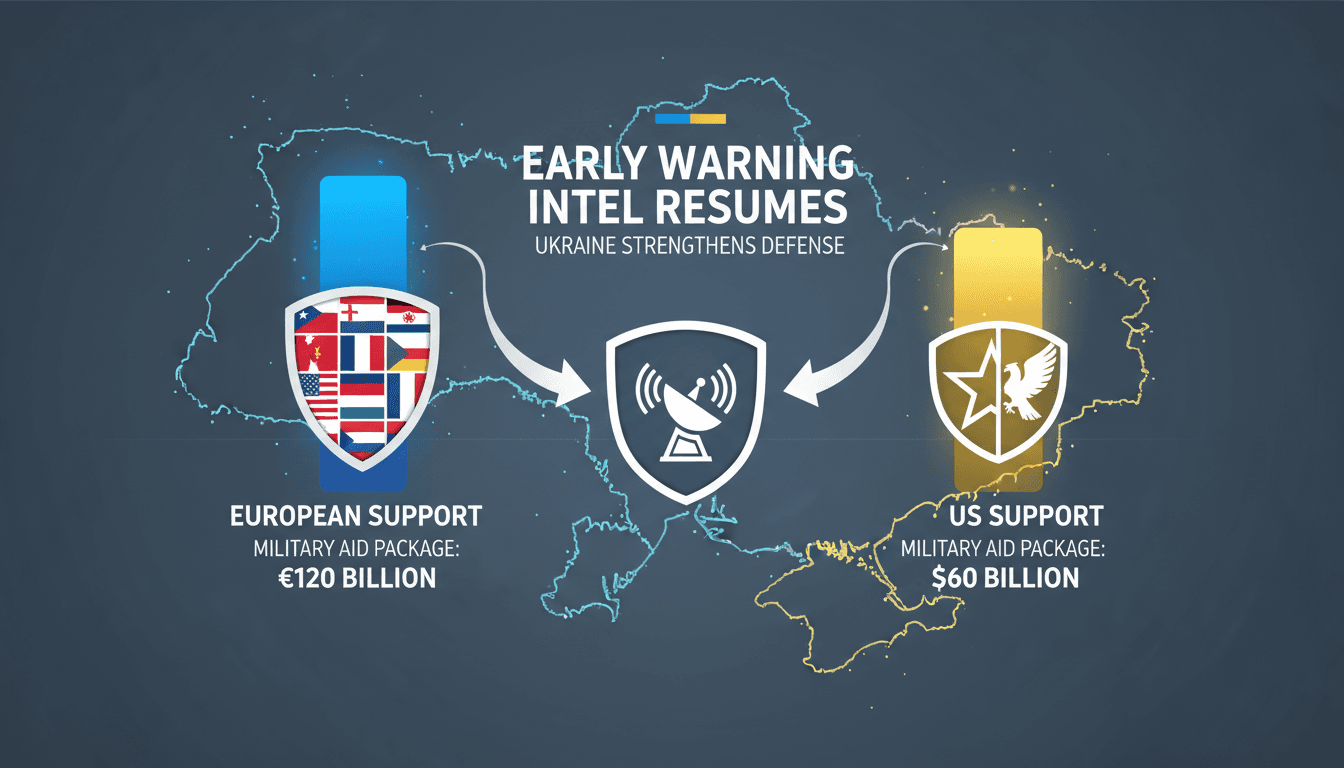 Infographic comparing military support from Europe and the US to Ukraine amidst ongoing conflict.