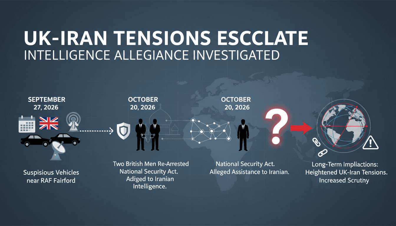 Infographic detailing the RAF Fairford incident and the re-arrest of suspects linked to Iranian intelligence.