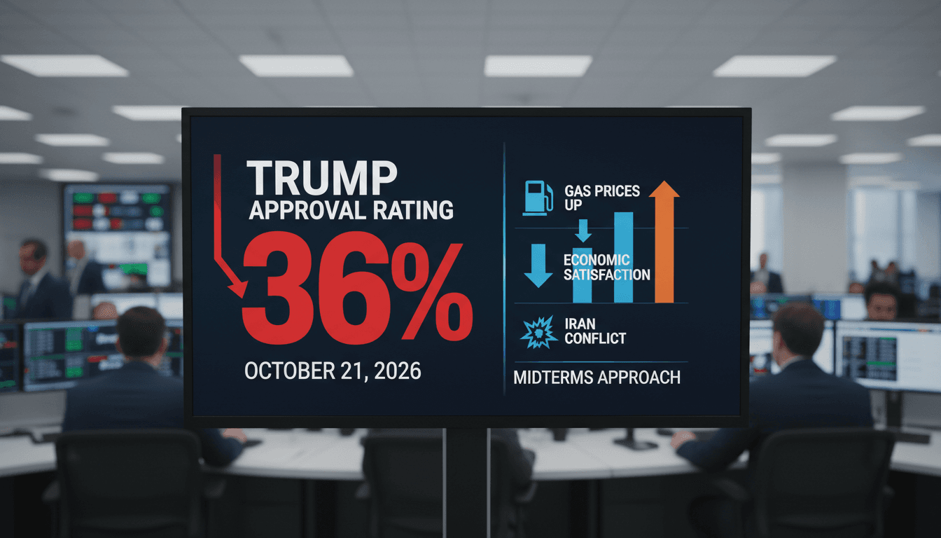 A graphic showing Trump's 36% approval rating with economic indicators and voter sentiment data.
