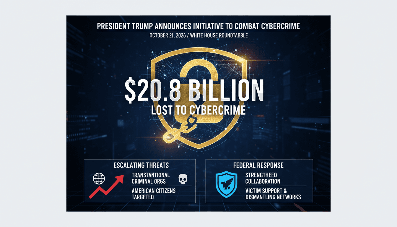 Infographic detailing President Trump's cybercrime initiative and the $20.8 billion in losses reported by Americans.