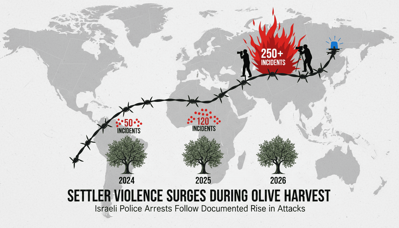 A visual representation of the rise in settler violence incidents during the olive harvest season in the West Bank.