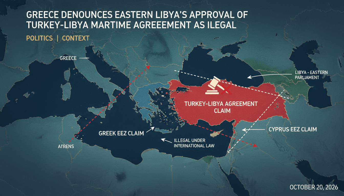 Map showing contested maritime boundaries in the Eastern Mediterranean involving Greece, Turkey, and Libya.
