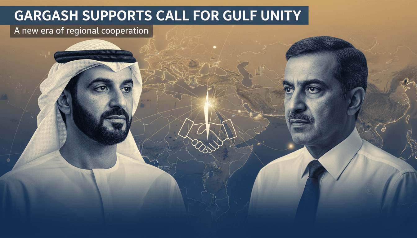 Sheikh Mohammed and Dr. Gargash promoting Gulf unity against a backdrop of the Gulf region.