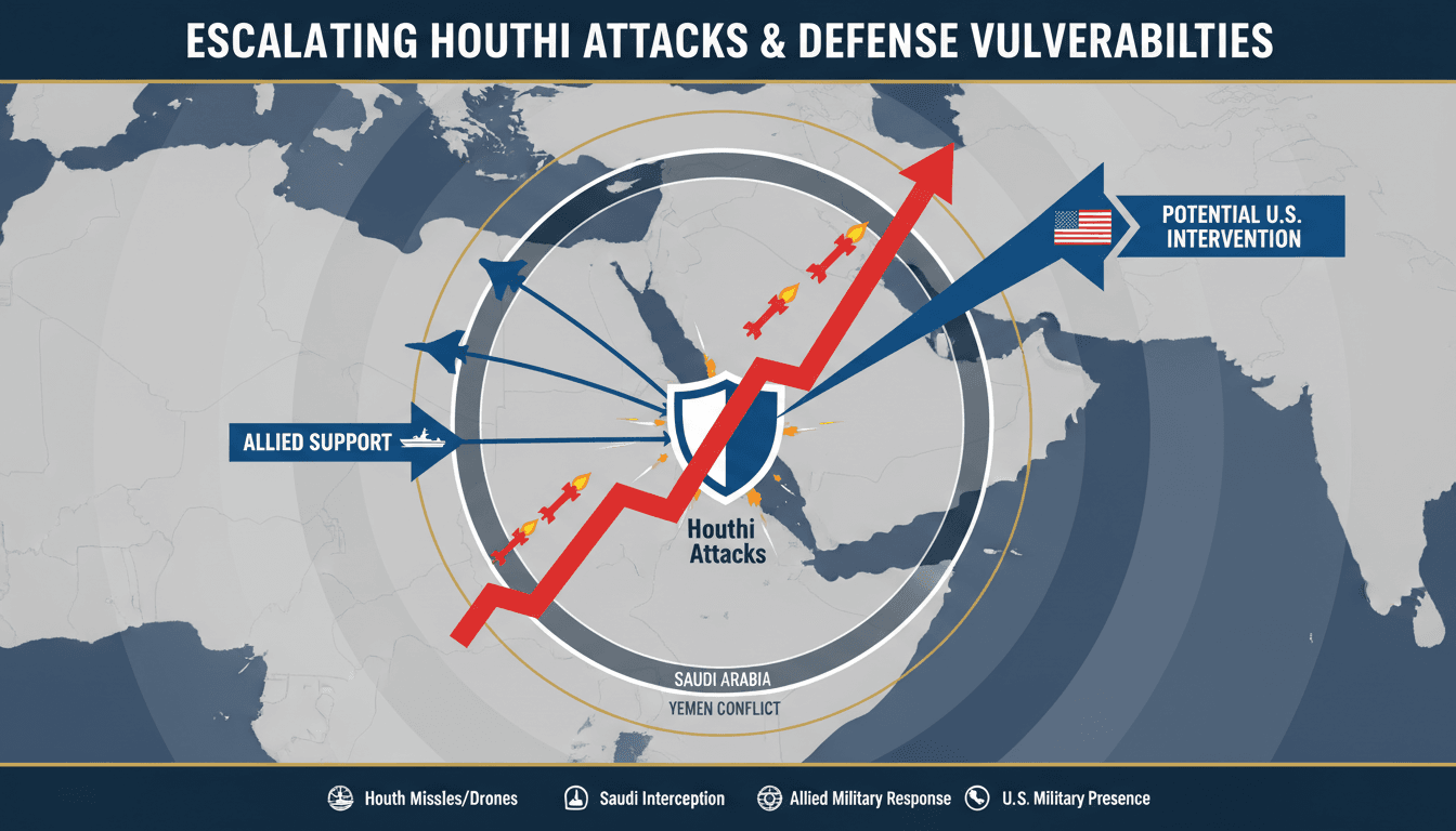 A map showing Houthi attack locations in Saudi Arabia and military responses, highlighting the air defense crisis.