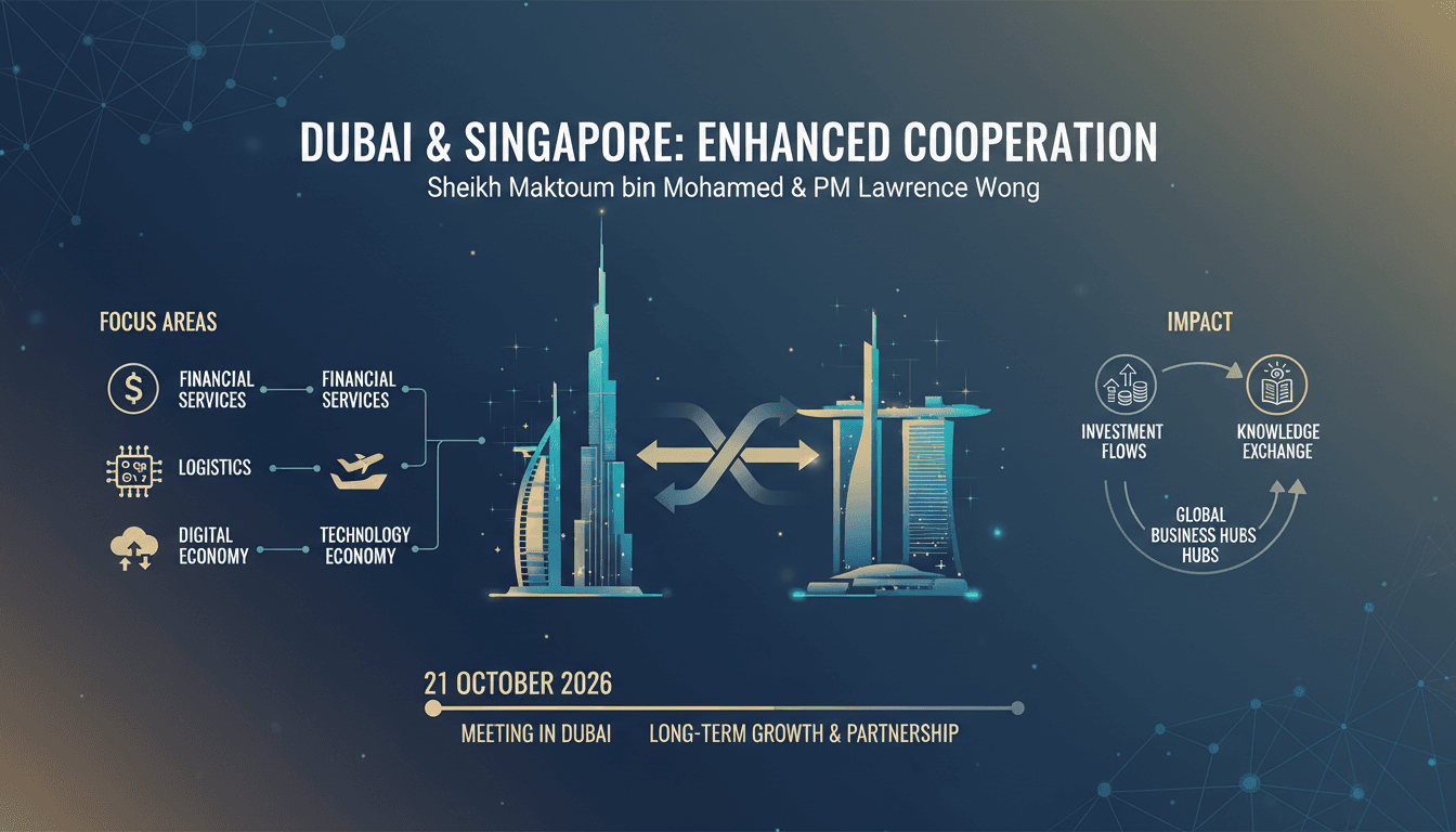 Sheikh Maktoum bin Mohammed and Singapore Prime Minister Lawrence Wong during their meeting in Dubai, discussing bilateral cooperation.