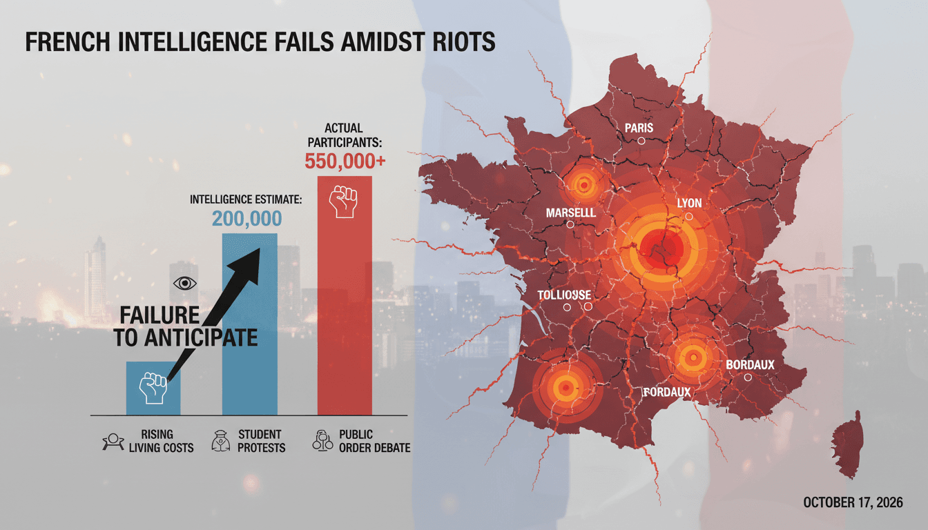 Infographic depicting the scale of protests and damage in France due to intelligence failure.