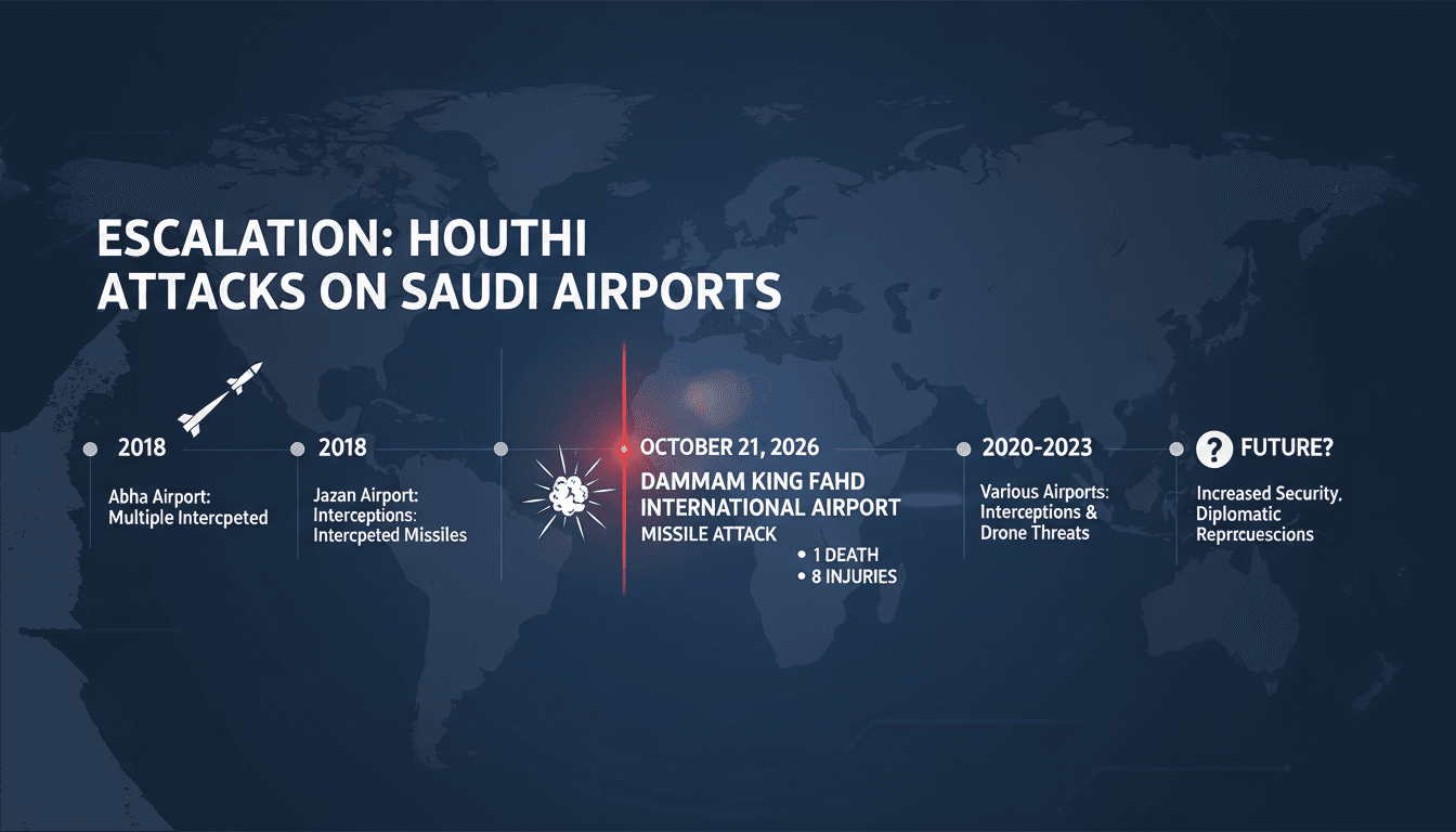 Infographic detailing the Houthi attack on Dammam Airport, including casualty figures and regional implications.