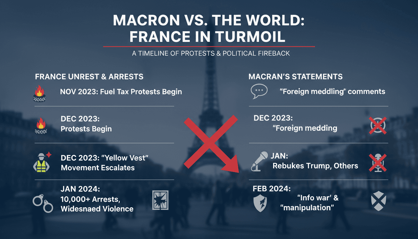 Infographic showing timeline of protests and arrests in France with Macron's statements on unrest.