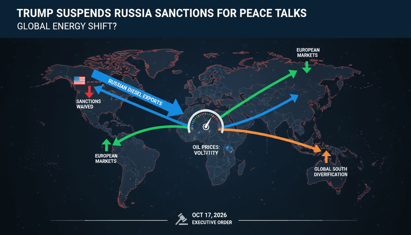 Infographic showing the impact of Trump's waiver of Russia sanctions on global energy prices and markets.