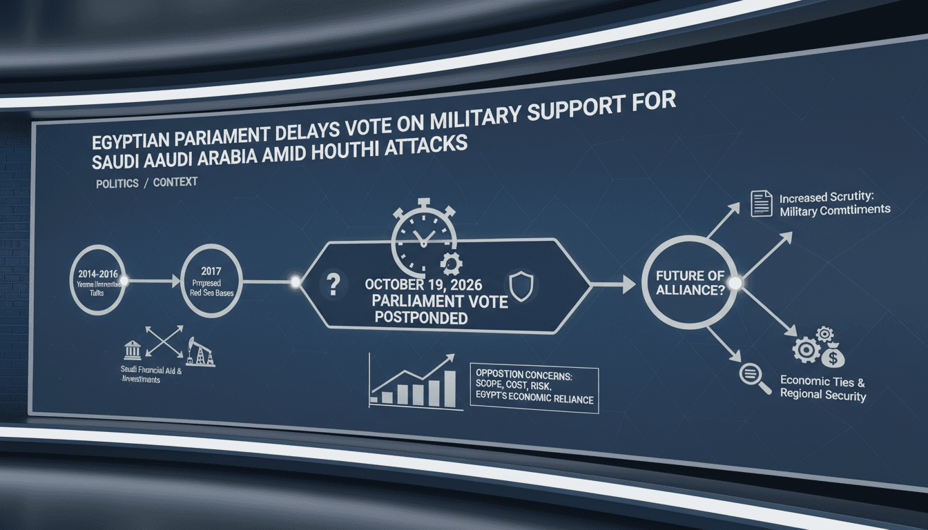 A graphic illustrating the military support vote delay in Egypt and its economic implications with Saudi Arabia.