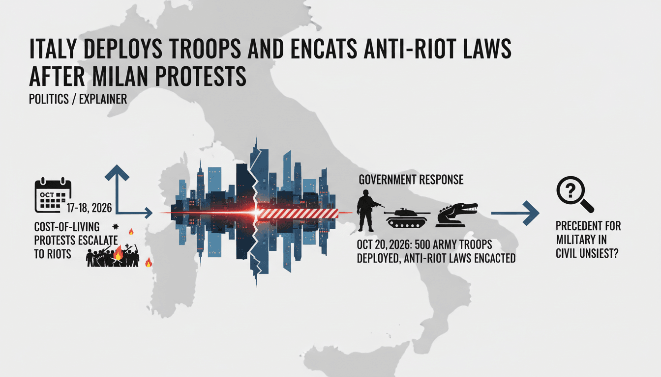 A visual representation of Italy's military deployment and new anti-riot laws following the October 2026 protests.