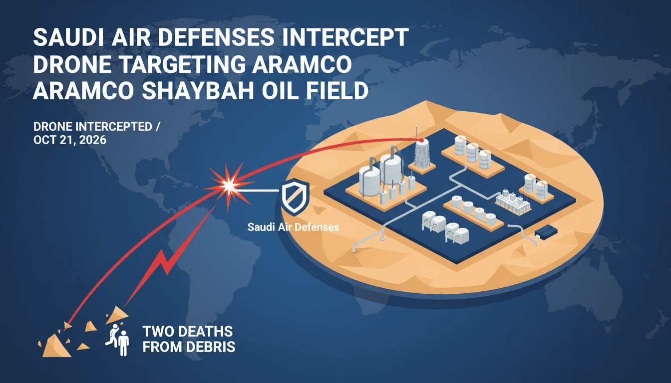 A drone interception at Shaybah oil field, highlighting the incident's impact on energy security and casualties.