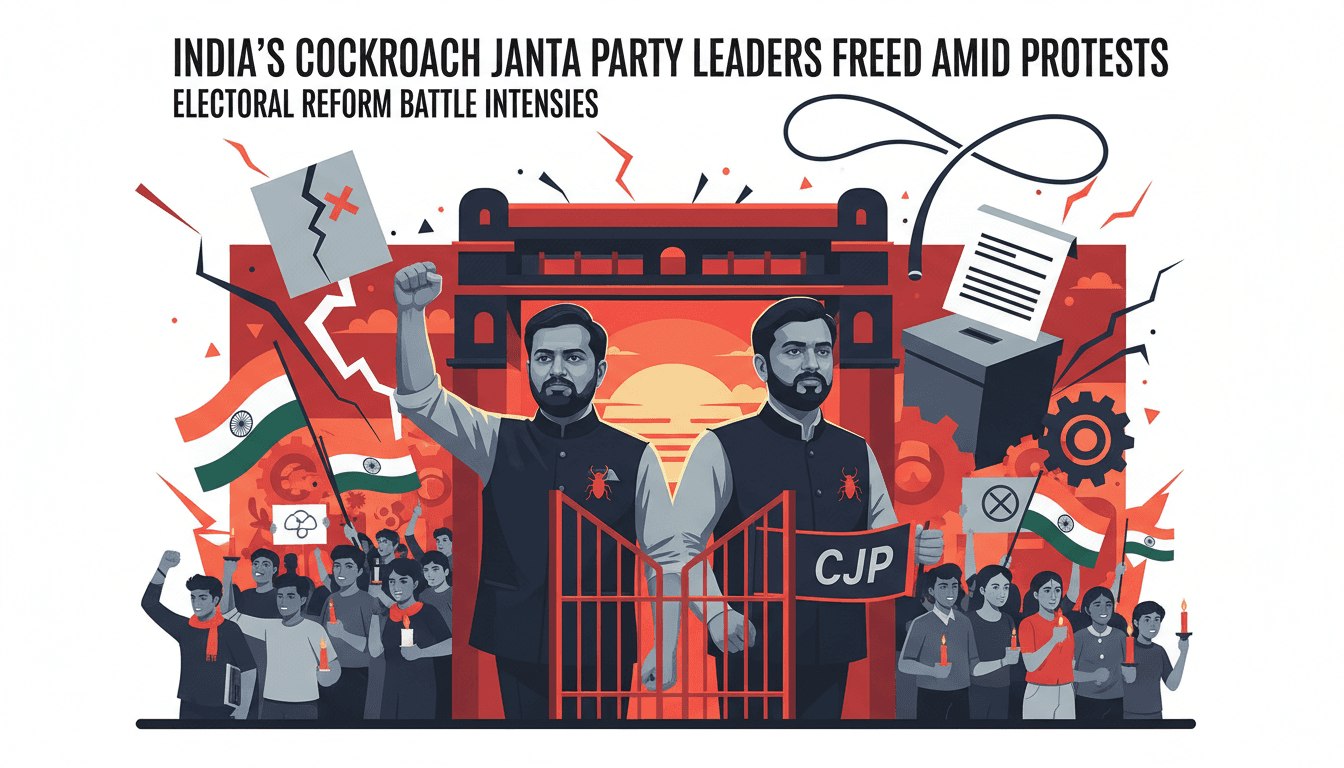 Leaders of India's Cockroach Janta Party released from jail, symbolizing youth activism and political protest.