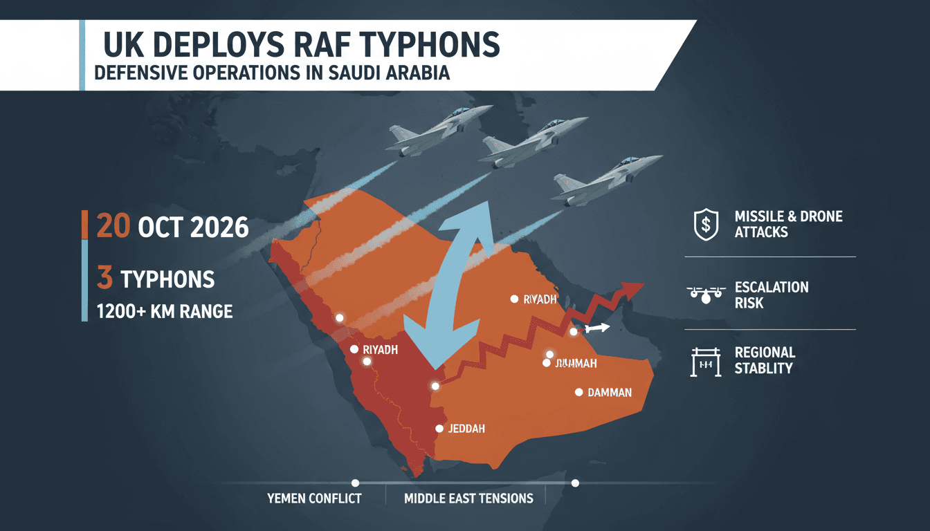 RAF Typhoon jets deployed over Saudi Arabia, highlighting military response to Houthi attacks.