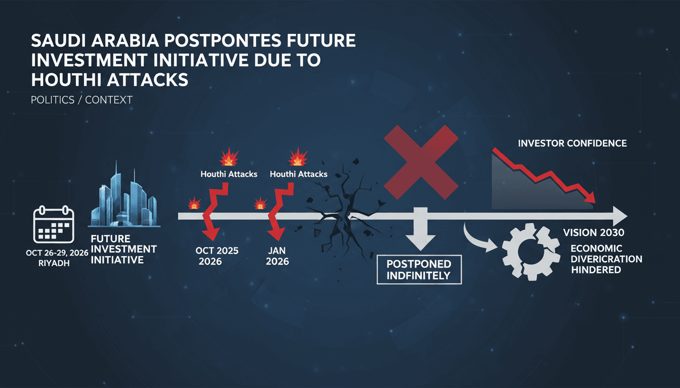 A visual representation of the Future Investment Initiative's postponement due to Houthi attacks in Saudi Arabia.