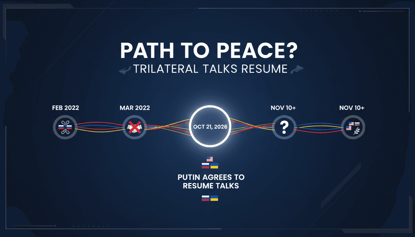 A timeline graphic illustrating the Russia-Ukraine-US peace talks, featuring key dates and participants.