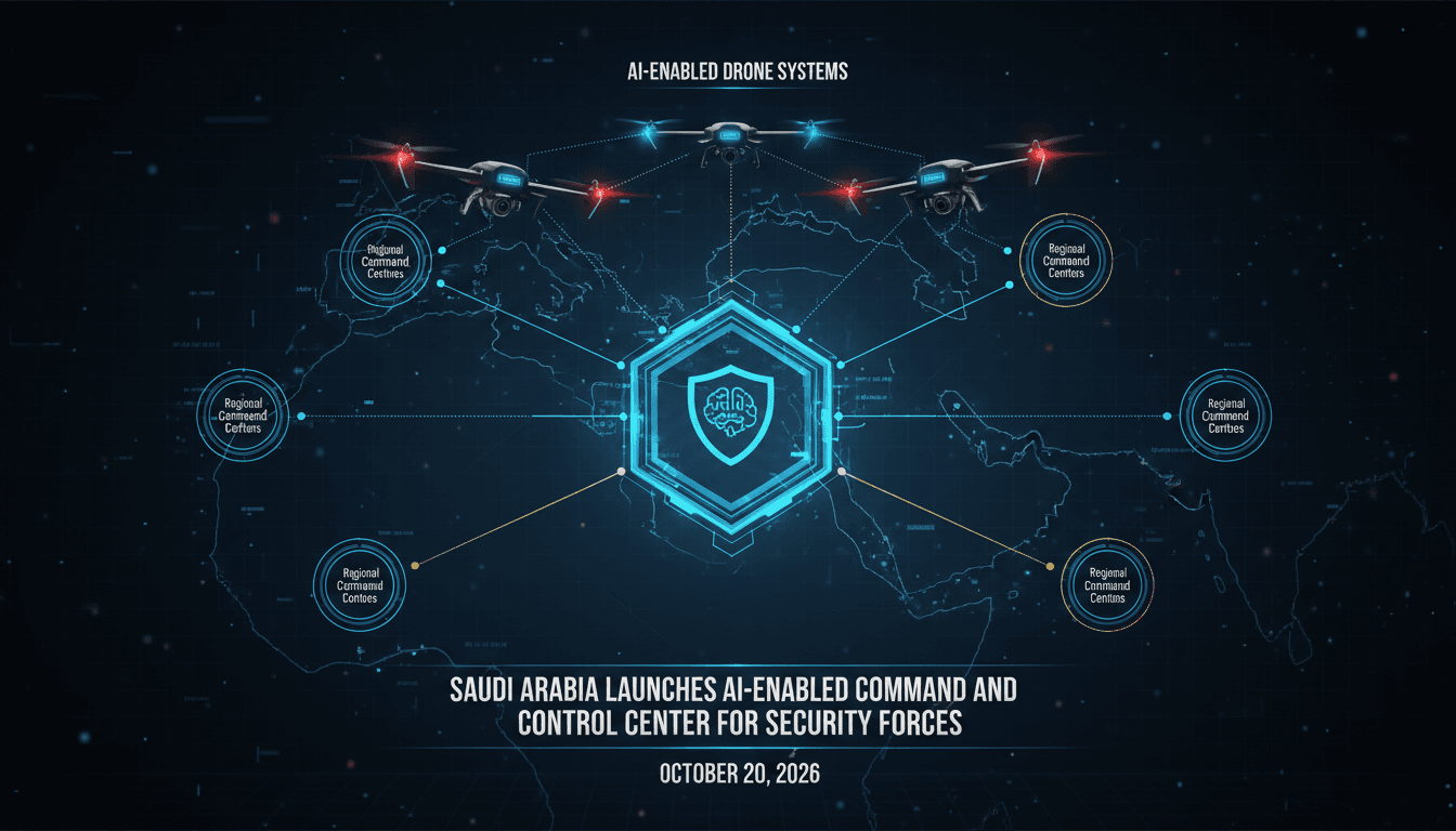 An infographic showing Saudi Arabia's AI-enabled security initiative and its command center network.