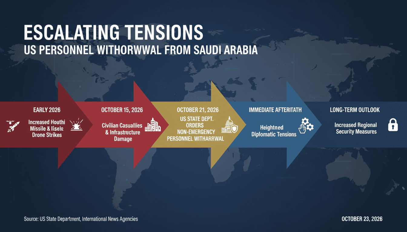 A graphic illustrating the US personnel withdrawal from Saudi Arabia amid Houthi attacks and regional tensions.