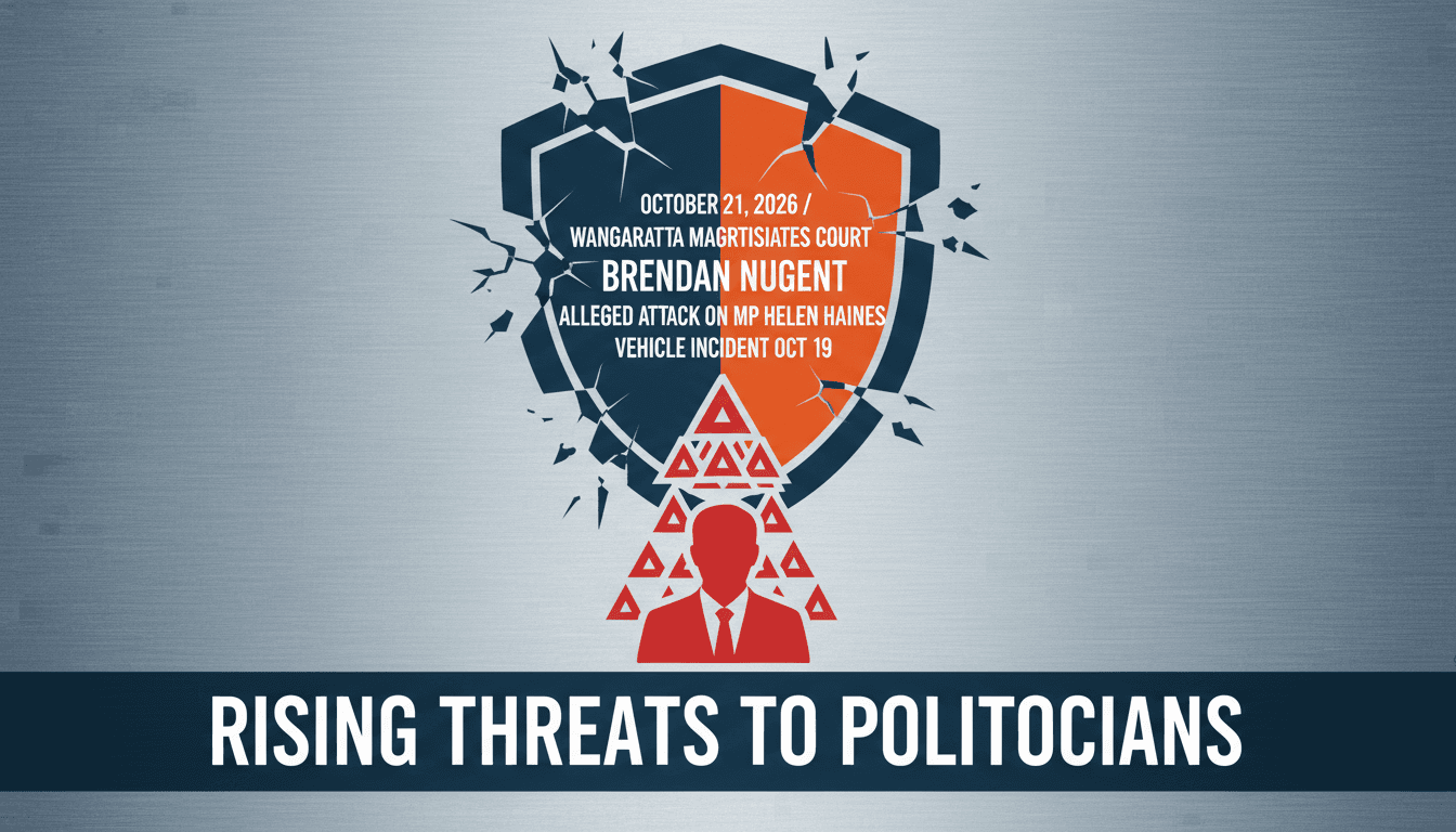 Court hearing details for Brendan Nugent, accused of attacking MP Helen Haines, highlighting rising political threats.