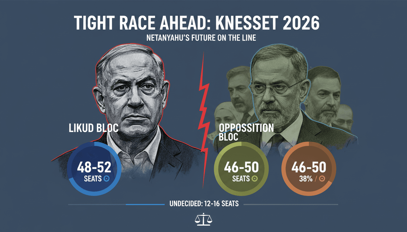 Infographic depicting Netanyahu's election stakes and polling data for the October 2026 Knesset election.