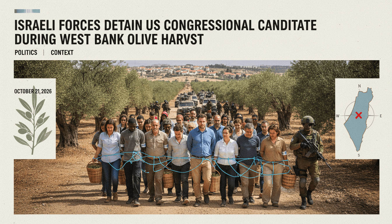 A scene depicting the olive harvest in the West Bank, highlighting the detention of volunteers including US congressional candidate Brad Lander.