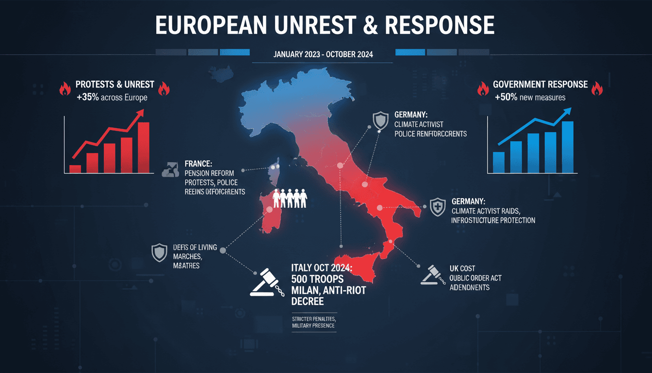 An infographic showing Italy's recent security measures in response to protests, highlighting economic pressures and youth involvement.