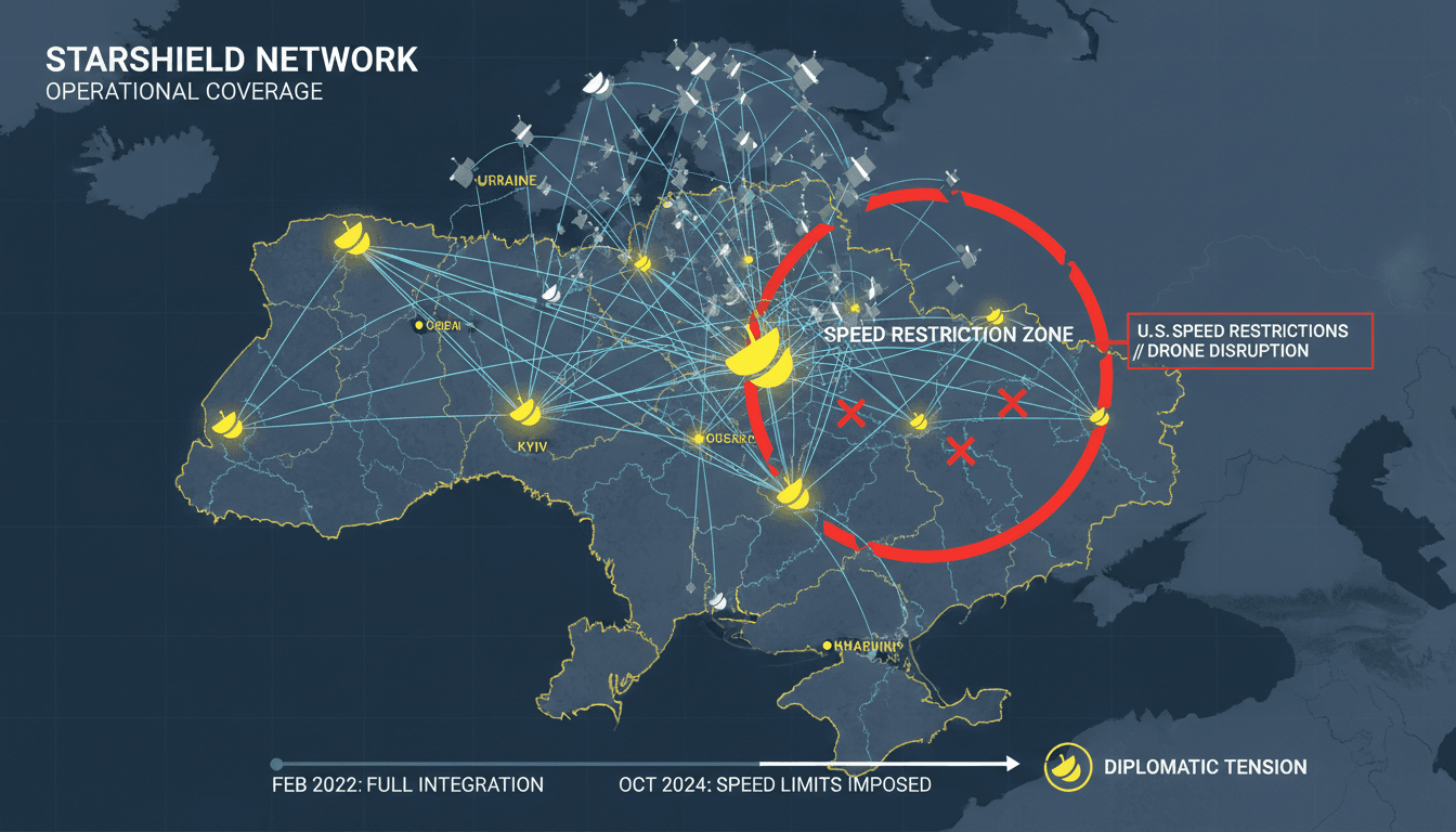 A satellite communication graphic illustrating Ukraine's military use of Starshield technology.