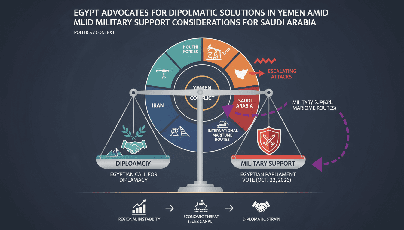 Infographic depicting Egypt's diplomatic efforts and military considerations in the Yemen conflict.