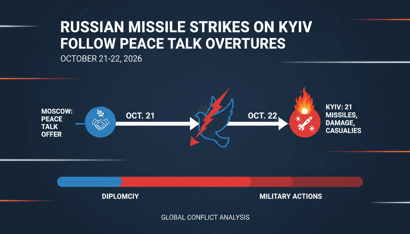 A map showing missile strike locations in Kyiv alongside diplomatic meeting highlights in the ongoing Russia-Ukraine conflict.