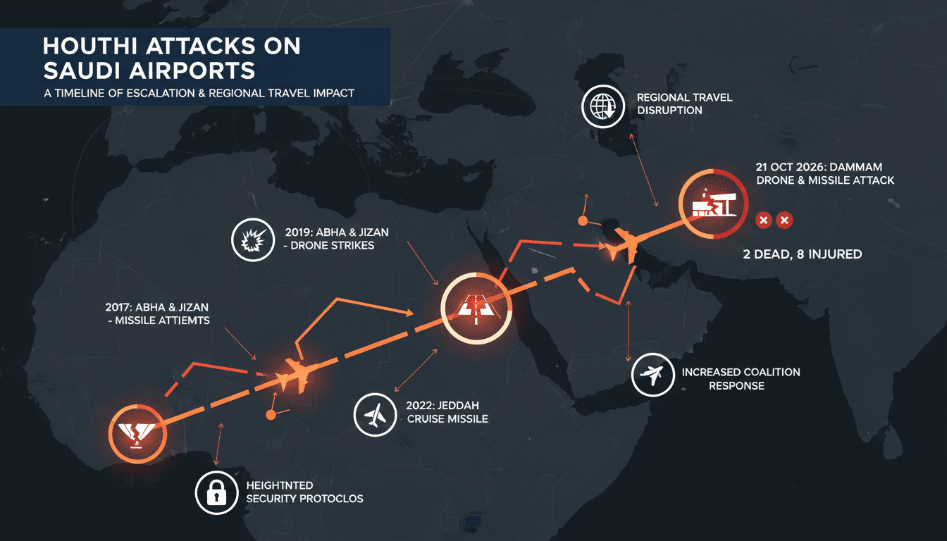 A visual representation of the Houthi attack on King Fahd International Airport, highlighting casualties and regional implications.