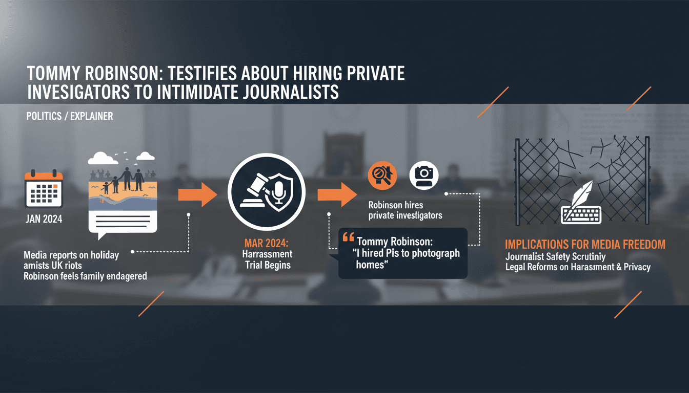 Infographic showing timeline of Tommy Robinson's harassment trial and its implications for media freedom.