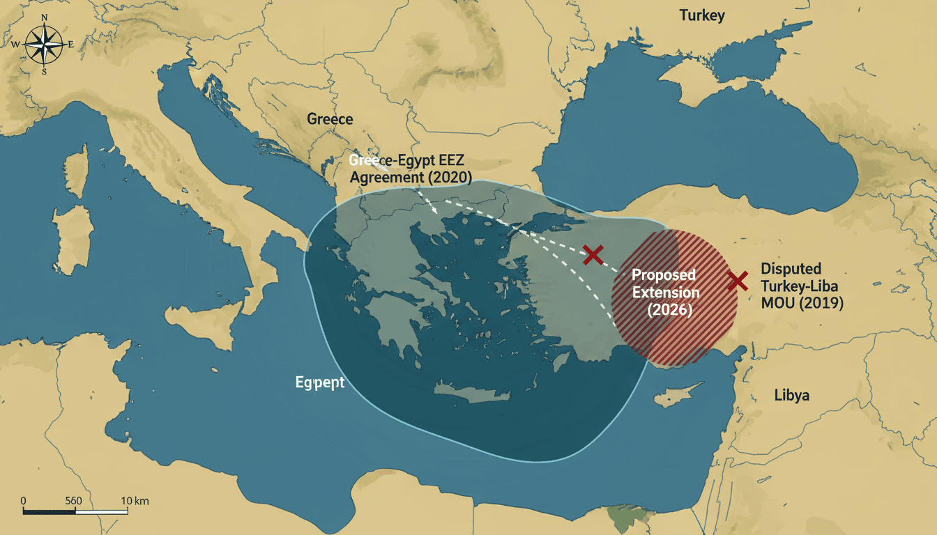 Map illustrating the Greece-Egypt Exclusive Economic Zone and its extension toward Cyprus.