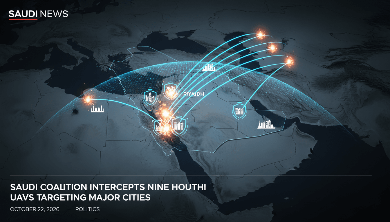 Map showing the interception of Houthi UAVs over Saudi Arabia, highlighting military tensions in the region.
