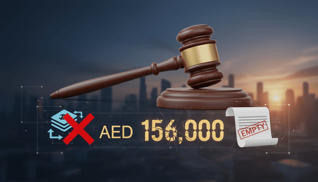 A gavel and bank transfer icons representing the AED156,000 loan claim dismissed by the Abu Dhabi court.