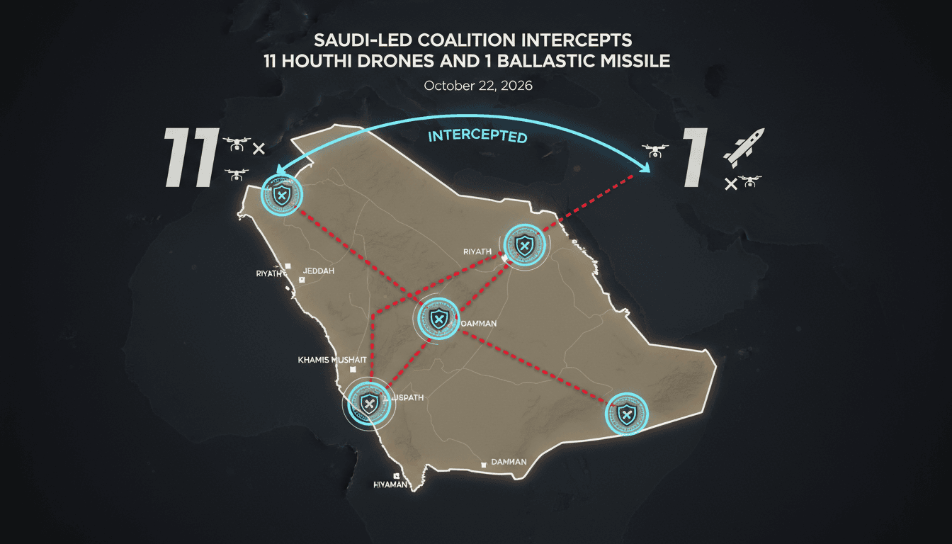 Infographic showing intercepted Houthi drones and missile in Saudi Arabia, highlighting military tensions.