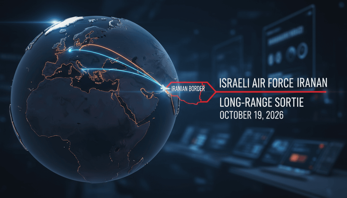 A map showing the Israeli Air Force sortie path approaching the Iranian border, highlighting military tensions.