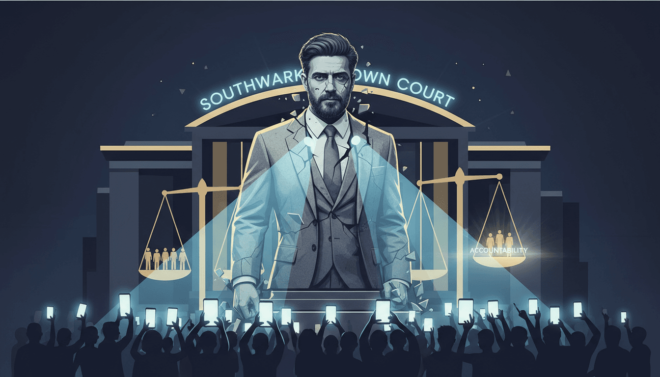 A graphic depicting the cultural shift towards accountability in celebrity culture, focusing on the Russell Brand trial.