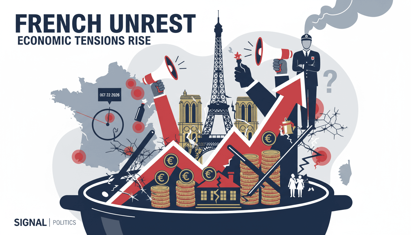 A graphic showing civil unrest in France, highlighting economic pressures and social tensions.