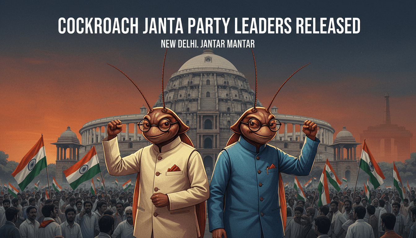 Leaders of the Cockroach Janta Party celebrating their release from Tihar Jail after protests in New Delhi.