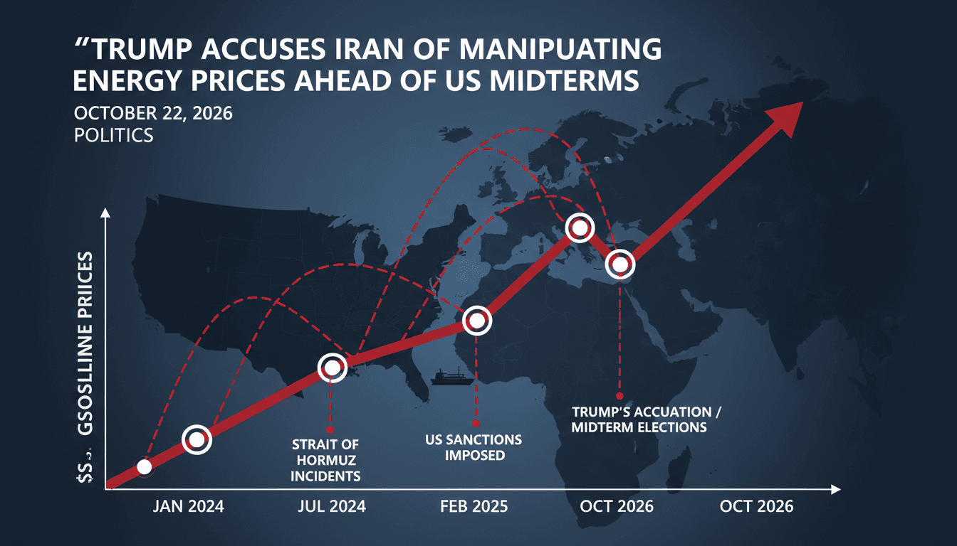 Infographic showing rising US gasoline prices and key dates of the US-Iran conflict.