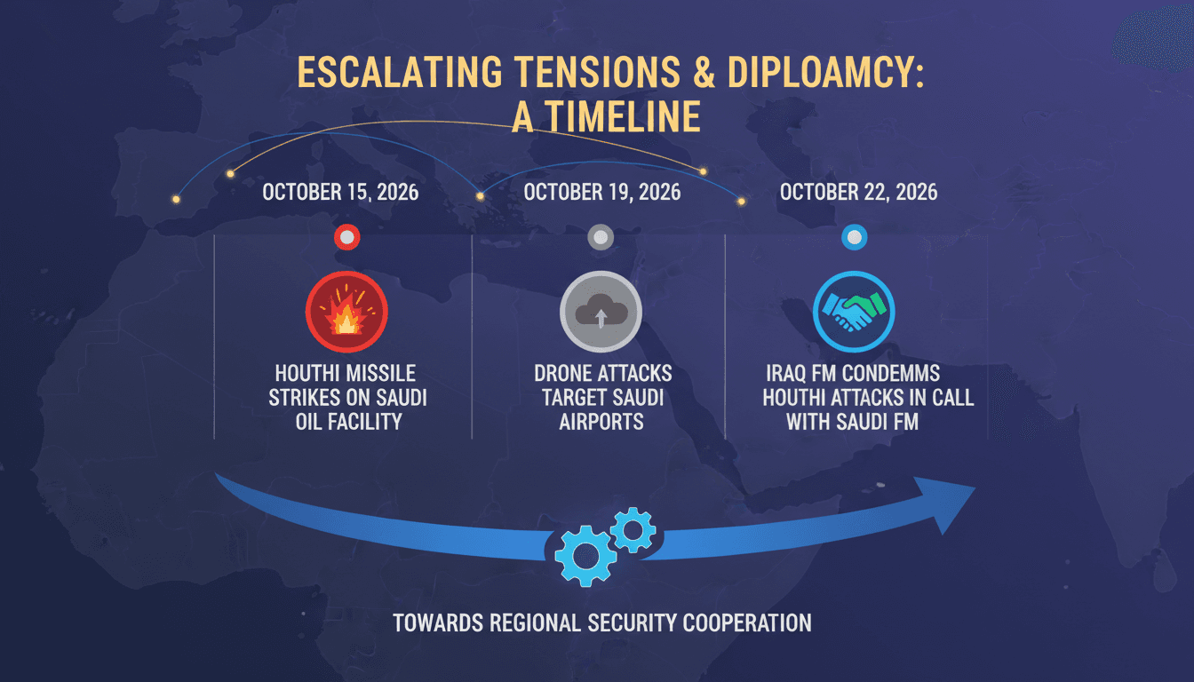A graphic illustrating Iraq's condemnation of Houthi attacks on Saudi Arabia, highlighting regional security efforts.