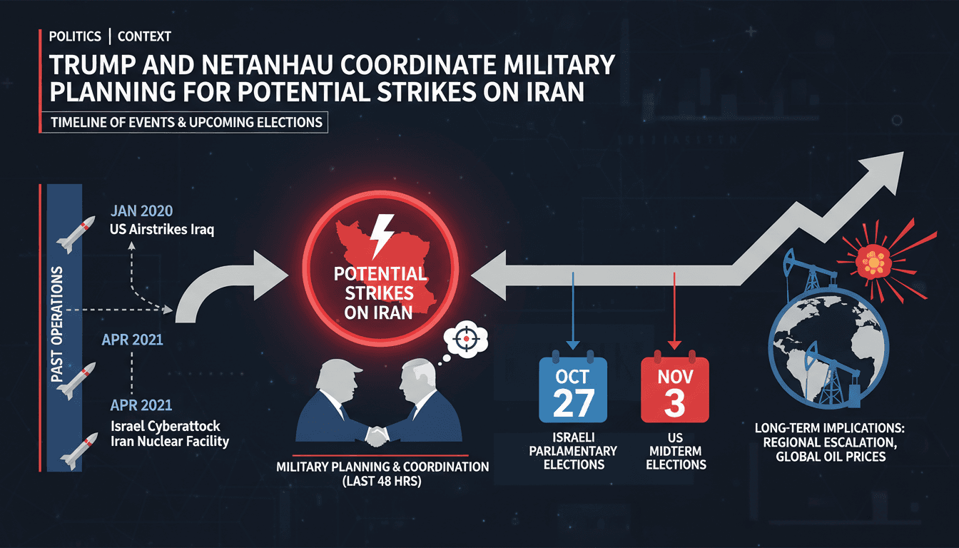 A visual representation of Trump and Netanyahu's military planning against Iran, highlighting election dates and energy market implications.