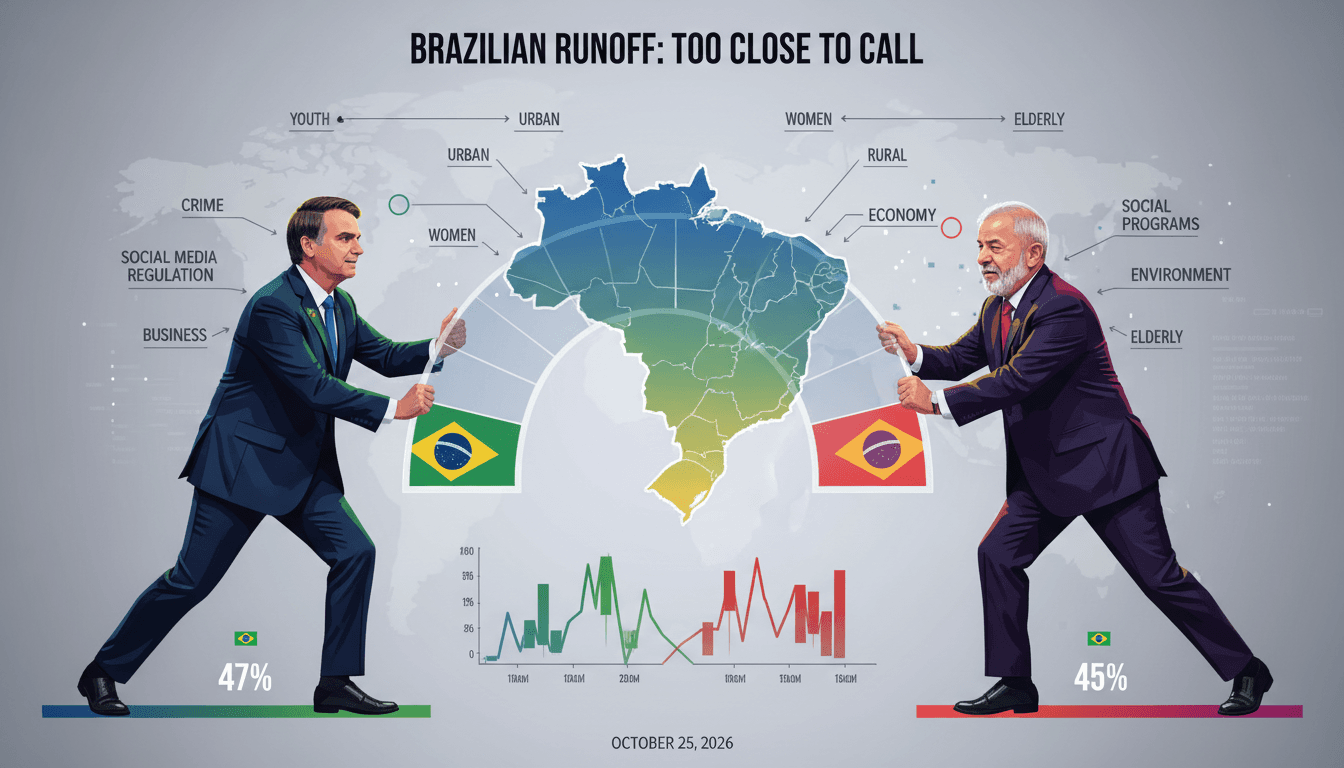 A graphic showing the tight race between Flávio Bolsonaro and Lula da Silva, emphasizing voter demographics and key issues.