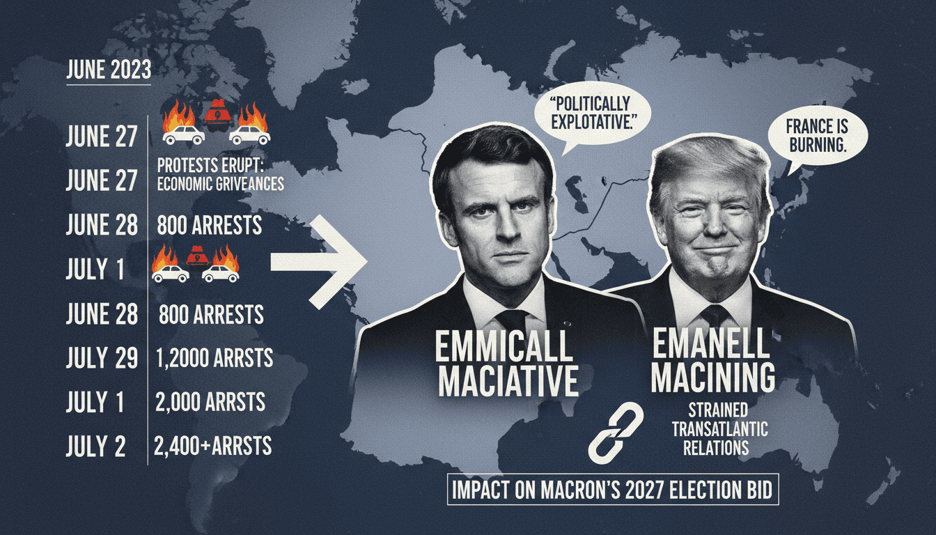 Infographic depicting the timeline of protests in France and key political figures involved.