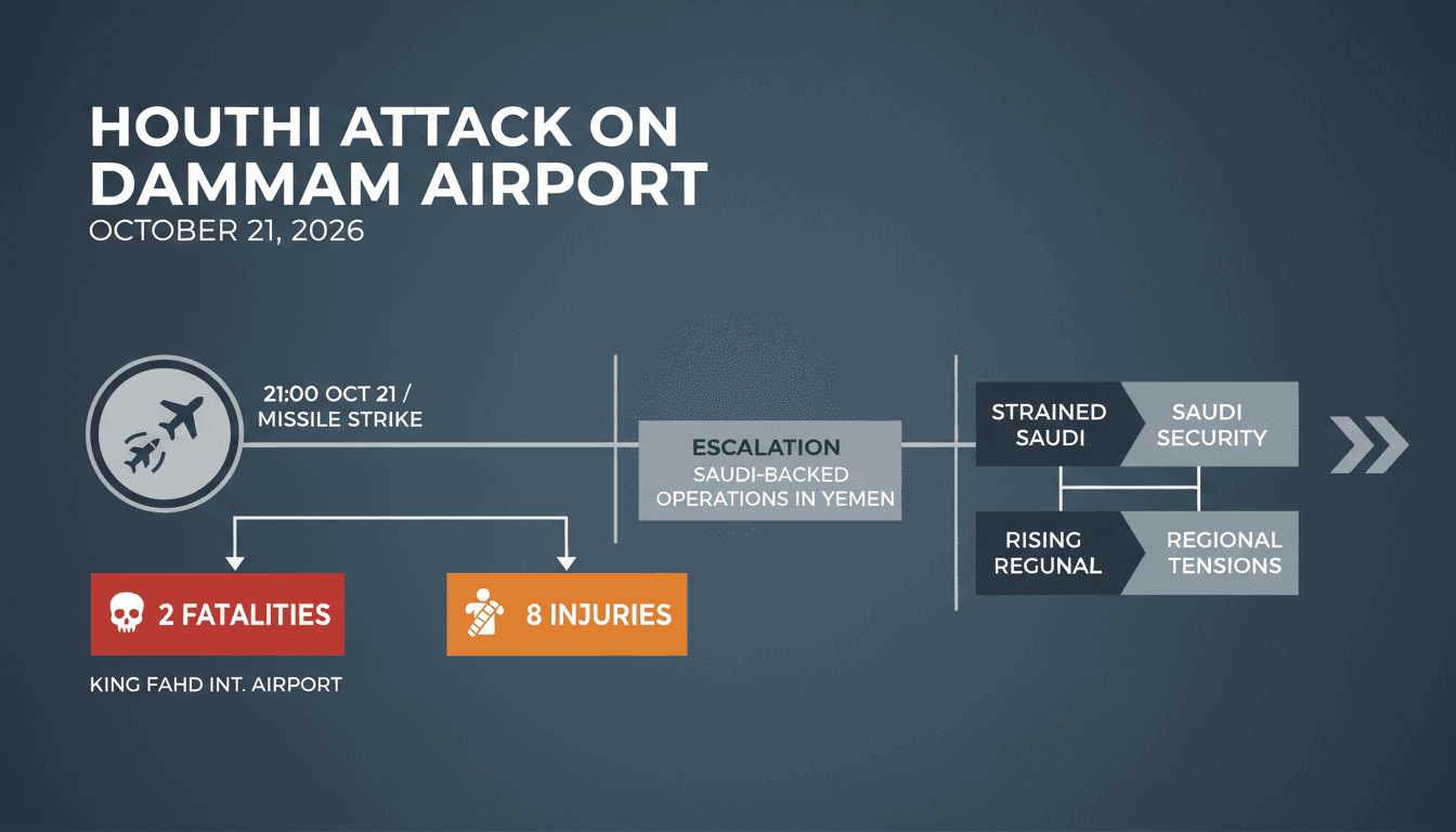 Infographic detailing the Houthi attack on Dammam Airport, including fatalities and injuries.